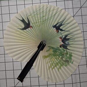 Chinese Paper Folding Hand Fan W/Metal Handle, Vintage Mid-Century, 8 of 25